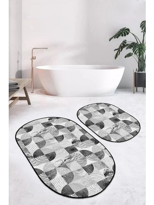 Rem Home Remhome Gri Geometrik Mermer Motifli 2'li Oval Kaymaz Tabanlı Banyo Halı Takımı & Mutfak Paspas Seti Takım Banyo Paspası
