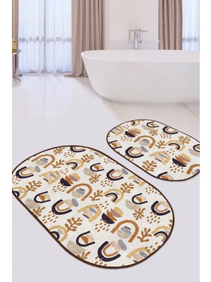 Rem Home Remhome Bohem Tasarımlı Etnik Motifli 2'li Oval Kaymaz Tabanlı Banyo Halı Seti & Klozet Paspas Takımı Takım Banyo Paspası