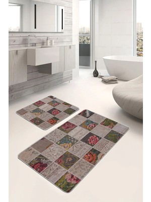 Rem Home Remhome 2'li Set Bej Zeminde Patchwork Motifli Çiçek Desenli Vintage Klasik 2'li Banyo Mutfak Paspas Takımı Takım Banyo Paspası