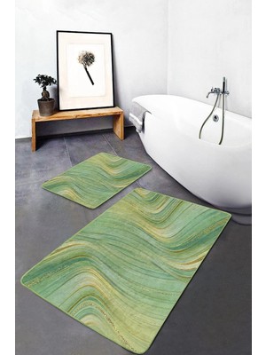 Rem Home Remhome 2'li Set Yeşil Gold Zeminde Altın Motifli Mermer Desenli Sade & Şık Klasik 2'li Banyo Paspas Takımı Takım Banyo Paspası