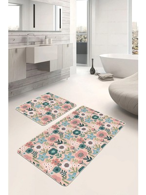 Rem Home Remhome Pudra Zemin Tropik Çiçekler Dijital Baskılı 2'li Kaymaz Tabanlı Banyo & Mutfak Paspas Takımı Takım Banyo Paspası