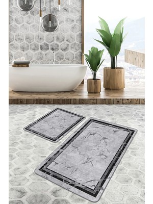 Rem Home Remhome Siyah Gri Zeminde Çerçeveli Motifli Mermer Geometrik Eskitme Motifli 2'li Banyo Mutfak Paspas Takımı Takım Banyo Paspası