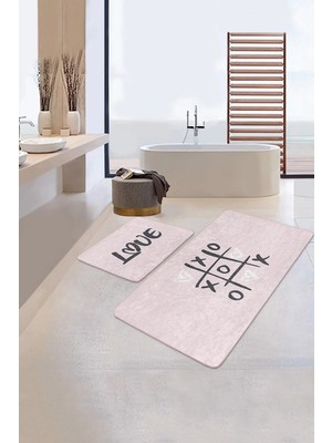 Rem Home Remhome Love Temalı Pembe Zemin Dijital Baskılı 2'li Kaymaz Tabanlı Banyo & Mutfak Paspas Takımı Takım Banyo Paspası