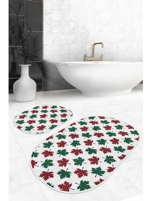 Rem Home Remhome Ekose Yaprak Motifli Yılbaşı Temalı 2'li Oval Kaymaz Tabanlı Banyo & Mutfak Paspas Takımı Takım Banyo Paspası