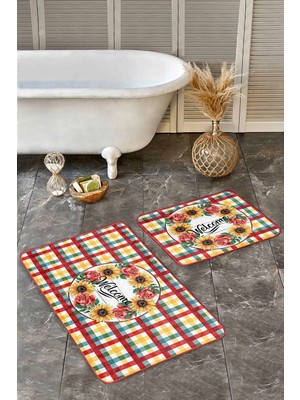 Rem Home Remhome Renkli Ekose Motifli 2'li Mutfak Paspas Takımı & Banyo Halısı Seti Takım Banyo Paspası