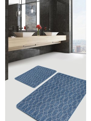 Rem Home Remhome 2'li Set Mavi Zeminde Geometrik Motifli Örgü Desenli Geometrik Sade & Şık 2'li Banyo Paspas Takımı Takım Banyo Paspası