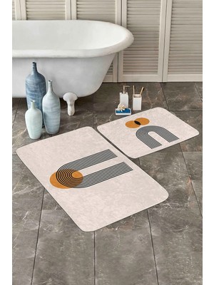 Rem Home Remhome Onedraw Çizgili Dijital Baskılı 2'li Kaymaz Tabanlı Banyo & Mutfak Paspas Takımı Takım Banyo Paspası