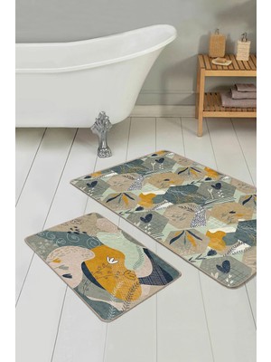 Rem Home Remhome Geometrik Şekilli Yaprak Çizimli 2'li Kaymaz Tabanlı Banyo & Mutfak Paspas Takımı Takım Banyo Paspası