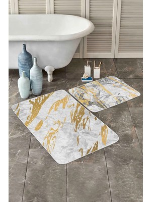 Rem Home Remhome Mermer Tasarımlı Gold Detaylı Dijital Baskılı 2'li Kaymaz Tabanlı Banyo & Mutfak Paspas Takımı Takım Banyo Paspası