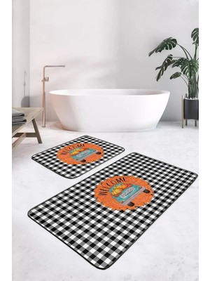 Rem Home Remhome Siyah Ekose Motifli Welcome Temalı 2'li Banyo Halısı Seti & Klozet Paspas Takımı Takım Banyo Paspası
