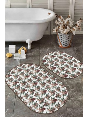 Rem Home Remhome Kurdaleli Kozalak Temalı Dijital Baskılı 2'li Oval Kaymaz Tabanlı Banyo & Mutfak Paspas Takımı Takım Banyo Paspası