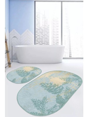 Rem Home Remhome Renkli Zemin Gold Mermer Detaylı Çam Tasarımlı 2'li Oval Kaymaz Tabanlı Banyo & Mutfak Paspas Takımı Takım Banyo Paspası