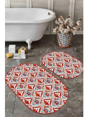 Rem Home Remhome Kırmızı Suluboya Motifli 2'li Oval Kaymaz Tabanlı Mutfak Paspas Seti & Banyo Halı Takımı Takım Banyo Paspası