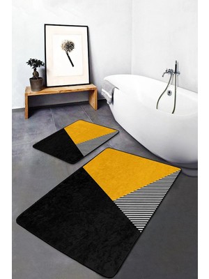Rem Home Remhome Sarı - Siyah Zeminde Modern Motifli Geometrik Geometrik Sade & Şık 2'li Banyo & Mutfak Paspas Takımı Takım Banyo Paspası