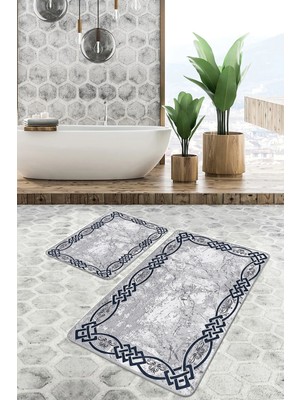 Rem Home Remhome Gri - Lacivert Zeminde Çerçeveli Motifli Duvar Eskitme Motifli Geometrik 2'li Banyo Paspas Takımı Takım Banyo Paspası