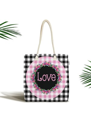 Rem Home Remhome Siyah Beyaz Ekose Pembe Love Temalı Fermuarlı Kumaş Omuz Çantası