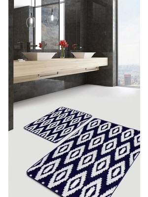 Rem Home Remhome 2'li Set Lacivert - Beyaz Zeminde Örgü Motifli Kilim Klasik Geometrik 2'li Banyo Paspas Takımı Takım Banyo Paspası