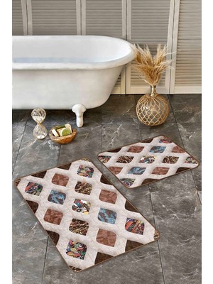 Rem Home Remhome Krem - Kahverengi Zeminde Etnik Motifli Geometrik Geometrik Klasik 2'li Banyo & Mutfak Paspas Takımı Takım Banyo Paspası