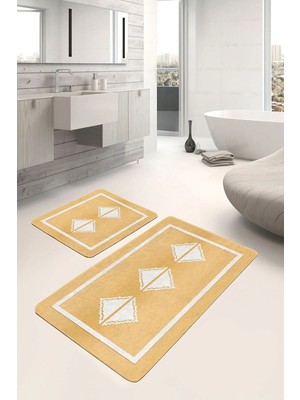 Rem Home Remhome 2'li Set Sarı Zeminde Çerçeve Motifli Baklava Desenli Geometrik Sade & Şık 2'li Banyo Paspas Takımı Takım Banyo Paspası