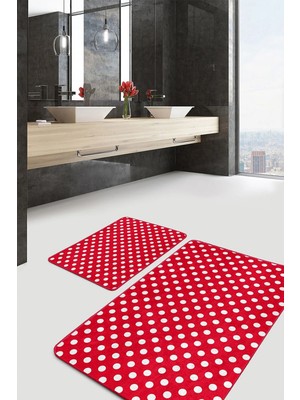 Rem Home Remhome 2'li Set Kırmızı Zeminde Geometrik Motifli Puanlı Desenli Klasik Sade & Şık 2'li Banyo Paspas Takımı Takım Banyo Paspası