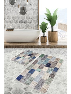 Rem Home Remhome 2'li Set Anadolu Zeminde Patchwork Motifli Etnik Desenli Vintage Sade & Şık 2'li Banyo Paspas Takımı Takım Banyo Paspası