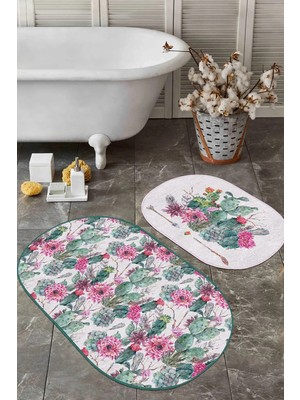 Rem Home Remhome Kaktüs Özel Tasarım Dijital Baskılı 2'li Oval Kaymaz Tabanlı Banyo & Mutfak Paspas Takımı Takım Banyo Paspası