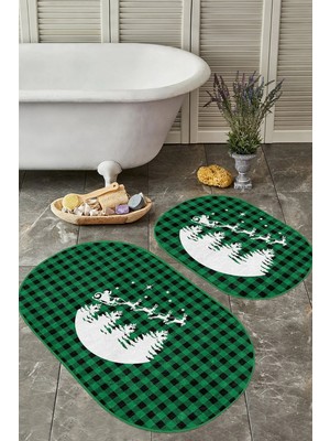 Rem Home Remhome Yeşil Ekose Motifli Yılbaşı Tasarımlı 2'li Oval Kaymaz Tabanlı Mutfak Paspas Takımı & Banyo Halısı Takım Banyo Paspası