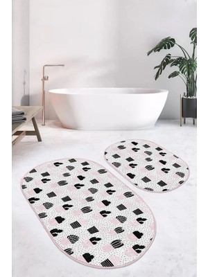 Rem Home Remhome Puantiye Zeminli Kaktüs Motifli Dijital Baskılı 2'li Oval Kaymaz Tabanlı Banyo & Mutfak Paspas Seti Takım Banyo Paspası