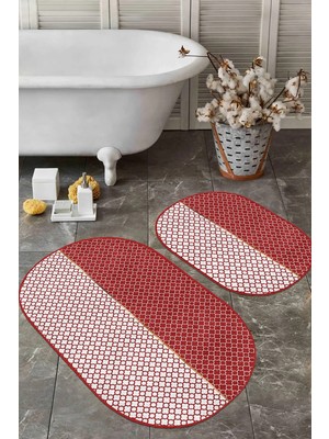 Rem Home Remhome Kahverengi Ogea Motifli Dijital Baskılı 2'li Oval Kaymaz Tabanlı Banyo & Mutfak Paspas Takımı Takım Banyo Paspası