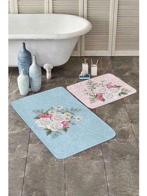 Rem Home Remhome Açık Mavi & Pembe Gül Demeti Desenli 2'li Kaymaz Tabanlı Banyo & Mutfak Paspas Takımı Takım Banyo Paspası