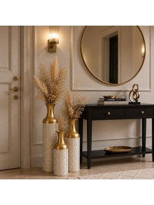 Vien Home Lüks Seramik Görünümlü Metal Dekoratif Vazo – Gold Beyaz Desenli Salon Yer Vazosu (3 Boy)