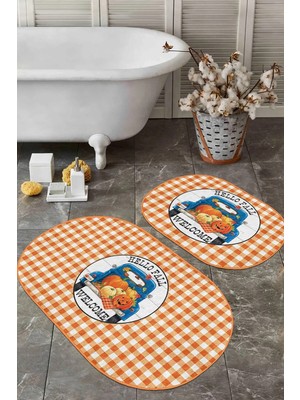 Rem Home Remhome Turuncu Ekose Tasarımlı 2'li Oval Kaymaz Tabanlı Klozet Takımı & Banyo Paspas Seti Takım Banyo Paspası