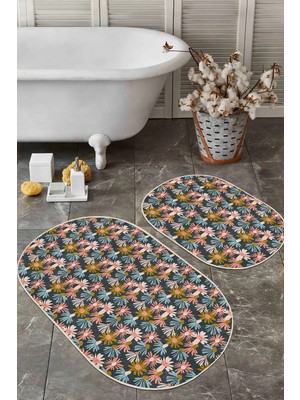 Rem Home Remhome Renkli Papatya Çiçekleri Özel Tasarımlı 2'li Oval Kaymaz Tabanlı Banyo & Mutfak Paspas Takımı Takım Banyo Paspası