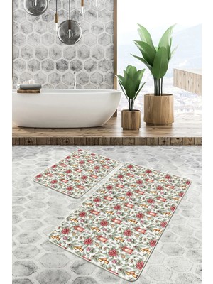 Rem Home Remhome Kırmızı Gül Çam Yaprakları Gold Çan Detaylı 2'li Kaymaz Tabanlı Banyo & Mutfak Paspas Takımı Takım Banyo Paspası