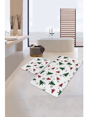 Rem Home Remhome Ekose Çam Ağacı Tasarımlı Yılbaşı Temalı 2'li Kaymaz Tabanlı Banyo & Mutfak Paspas Takımı Takım Banyo Paspası