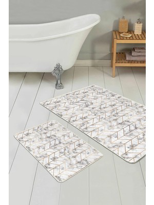 Rem Home Remhome Gold Çizgili Mermer Tasarımlı Dijital Baskılı 2'li Kaymaz Tabanlı Banyo & Mutfak Paspas Takımı Takım Banyo Paspası