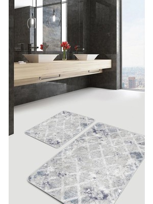 Rem Home Remhome 2'li Set Gri Zeminde Eskitme Motifli Baklava Geometrik Eskitme Motifli 2'li Banyo Paspas Takımı Takım Banyo Paspası