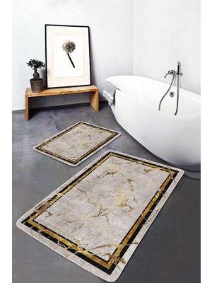 Rem Home Remhome Gold - Krem Zeminde Çerçeveli Motifli Mermer Sade & Şık Geometrik 2'li Banyo & Mutfak Paspas Takımı Takım Banyo Paspası