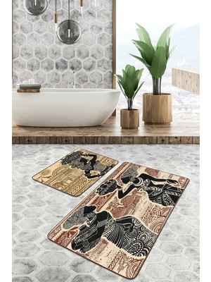 Rem Home Remhome Kahverengi Etnik Afrika Kadın Tasarımlı 2'li Kaymaz Tabanlı Banyo & Mutfak Paspas Takımı Takım Banyo Paspası