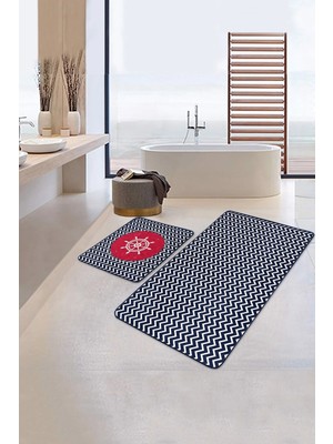 Rem Home Remhome Lacivert Zigzag Tasarımlı Dümen Motifli 2'li Kaymaz Tabanlı Banyo & Mutfak Paspas Takımı Takım Banyo Paspası