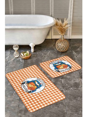 Rem Home Remhome Turuncu Ekose Tasarımlı 2'li Klozet Takımı & Banyo Paspas Seti Takım Banyo Paspası
