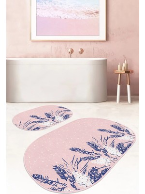 Rem Home Remhome Pembe Zemin Lacivert Yapraklar Özel Tasarım 2'li Oval Kaymaz Tabanlı Banyo & Mutfak Paspas Takımı Takım Banyo Paspası
