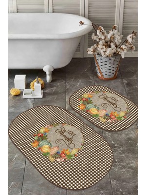 Rem Home Remhome Kabak Temalı Kahve Ekose Tasarımlı 2'li Oval Mutfak Paspas Takımı & Banyo Halısı Seti Takım Banyo Paspası