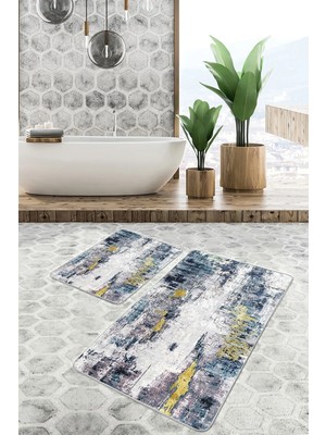 Rem Home Remhome Gri - Sarı Zeminde Modern Sanat Motifli Boya Desenli Modern Eskitme Motifli 2'li Banyo Paspas Takımı Takım Banyo Paspası