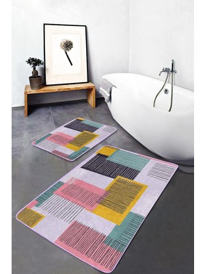 Rem Home Remhome 2'li Set Pembe - Sarı Zeminde Geometrik Motifli Çizgili Geometrik Klasik 2'li Banyo Paspas Takımı Takım Banyo Paspası