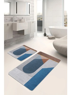 Rem Home Remhome Mavi Zeminde Geometrik Motifli Modern Sanat Geometrik Sade & Şık 2'li Banyo & Mutfak Paspas Takımı Takım Banyo Paspası