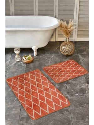 Rem Home Remhome Turuncu - Krem Zeminde Etnik Motifli El Dokuma Geometrik Eskitme Motifli 2'li Banyo Paspas Takımı Takım Banyo Paspası