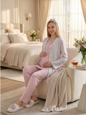 Lohussa Yeni Sezon Pudra Çizgili Şal Yaka Yazlık Düğmeli Tasarım Kısa Kol Hamile Sabahlık Pijama Takımı Seti