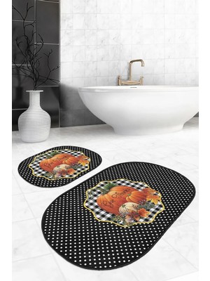 Rem Home Remhome Kabak Temalı Give Thanks Temalı 2'li Oval Kaymaz Tabanlı Mutfak Paspas Takımı & Banyo Halısı Seti Takım Banyo Paspası