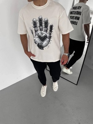Hace Bazaar Bisiklet Yaka Baskılı Oversize T-Shirt - Beyaz -